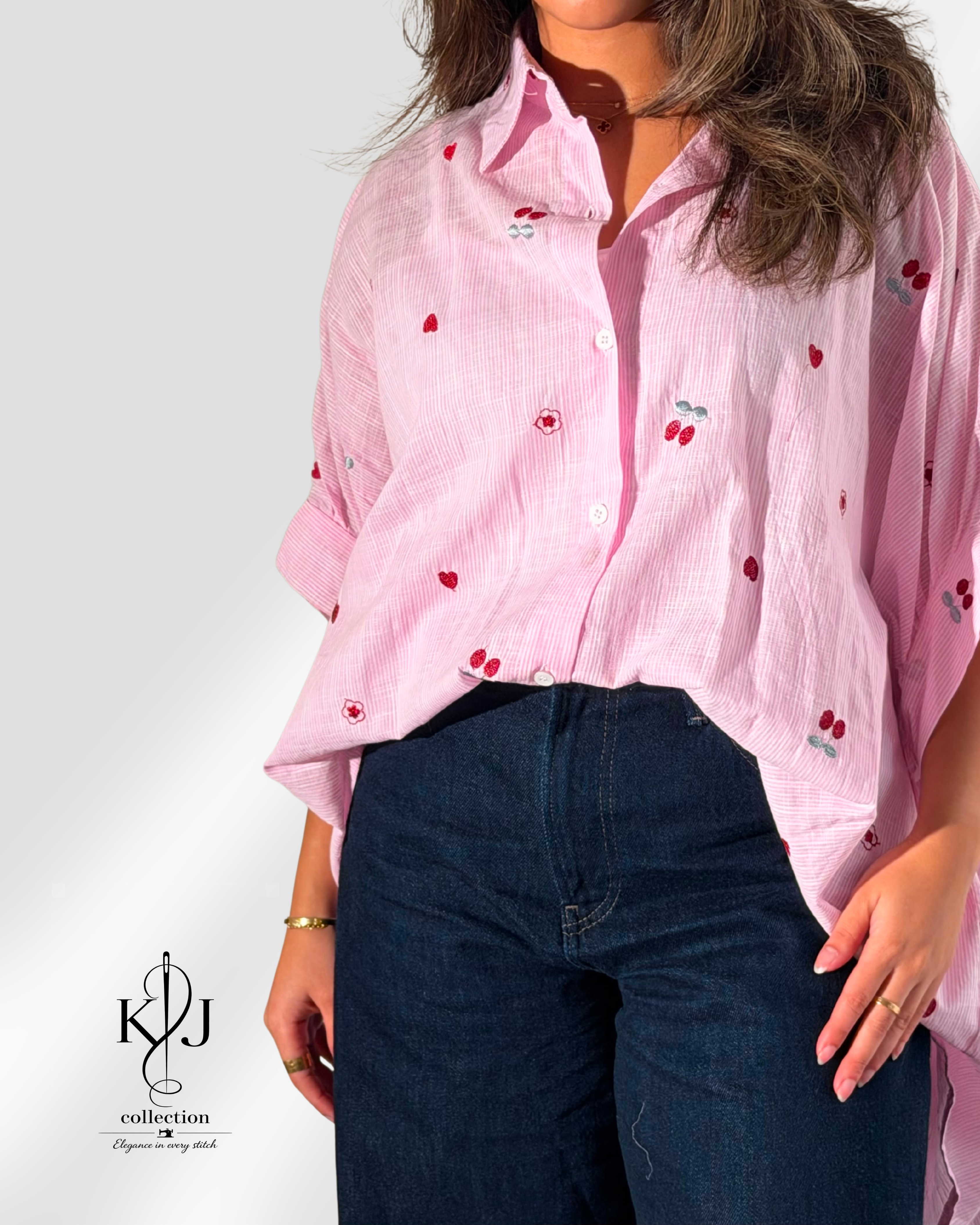 Cherry Pattern Pink Shirt – Oversized Casual Button-Up