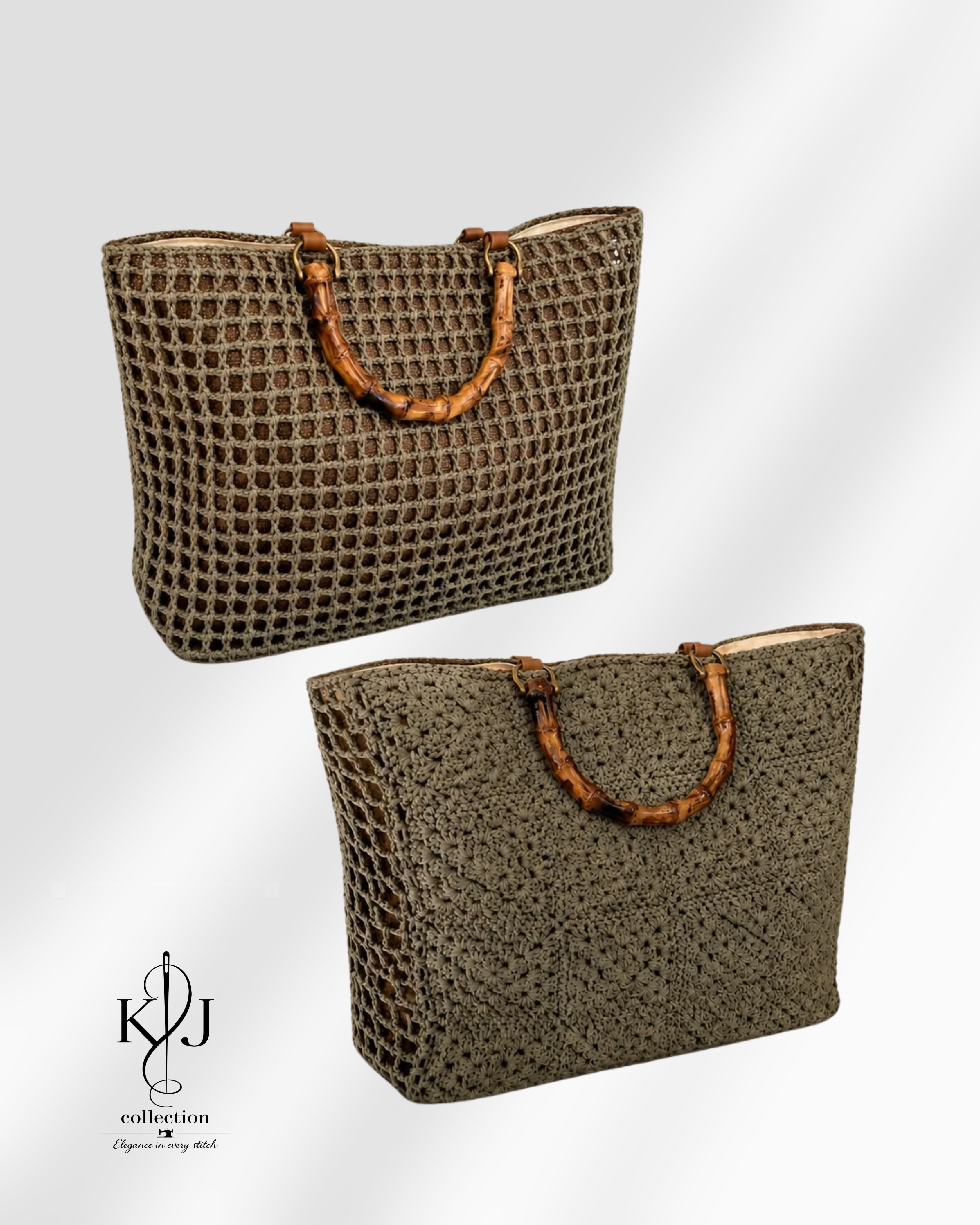 Bamboo Handle Crochet Tote Bag Set