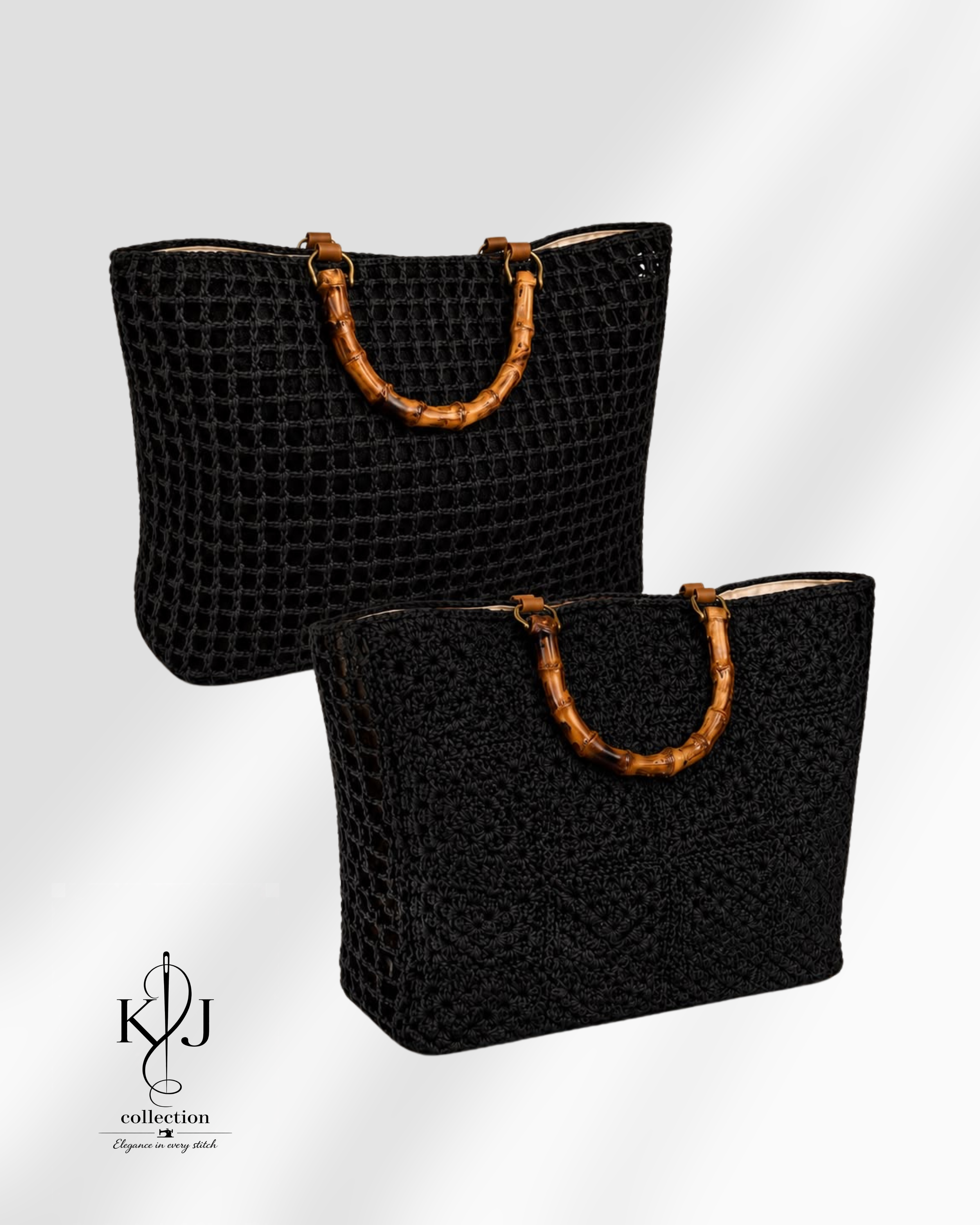 Bamboo Handle Crochet Tote Bag Set