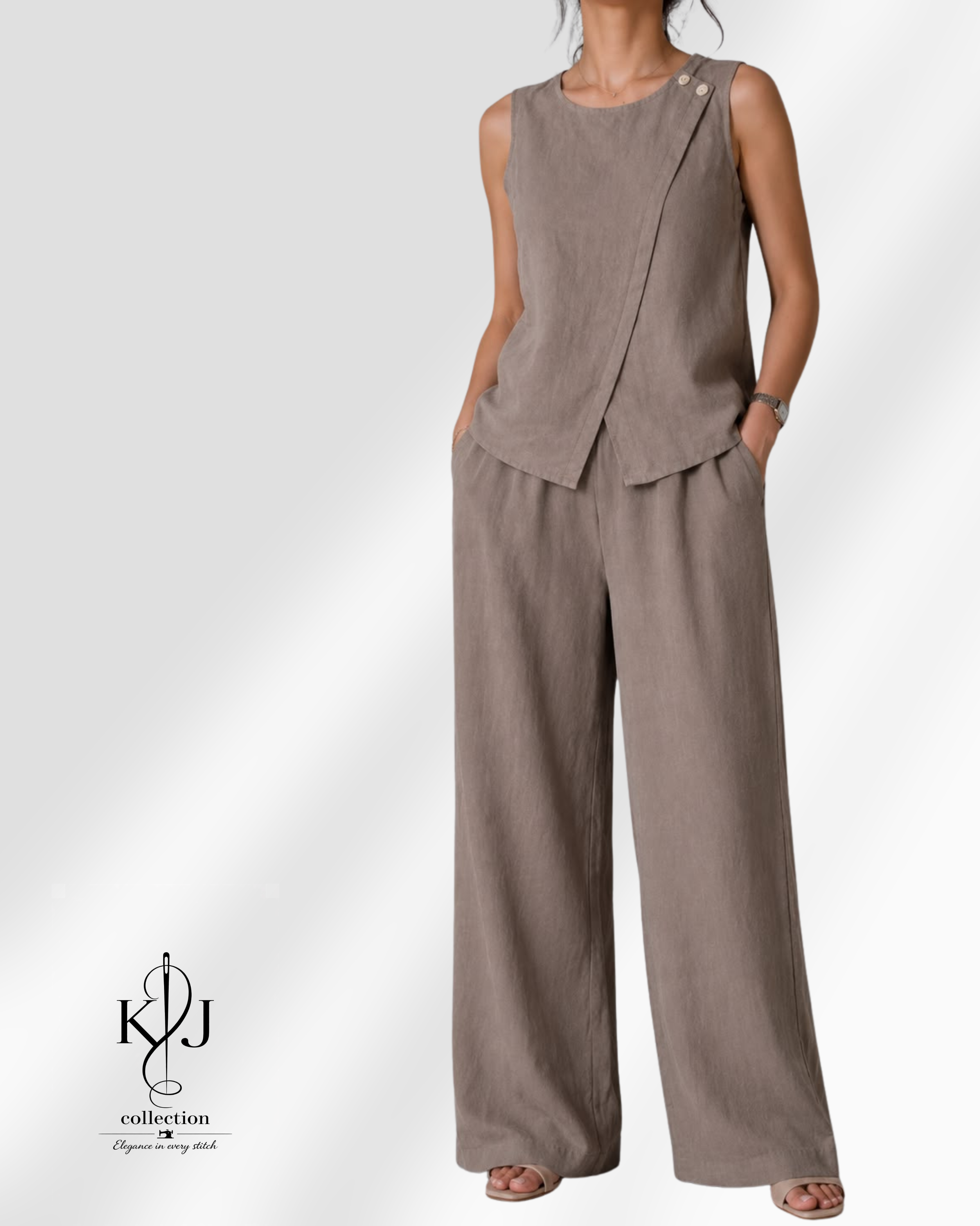 Elegant Linen Matching Set | Asymmetric Tank & Wide Leg Trousers